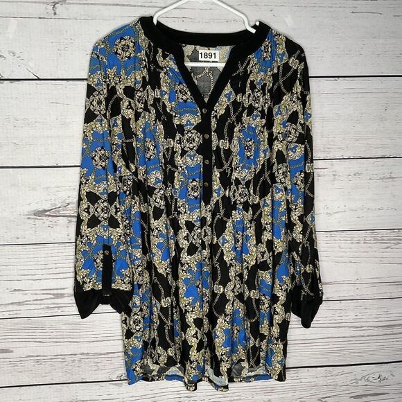 Womens Blouse Size Plus 2XL Blue Black Chain Equestrian Print Long Sleeve V Neck - Picture 1 of 6